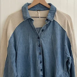 FREE PEOPLE Kenny Denim Mini Dress Tunic Waffle Raw Hem Boho Babydoll Size S thumbnail 7