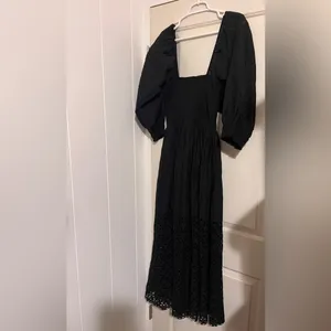 Free People Black Storm Dress Balloon‎ Sleeve Eyelet Bohemian Witchy Wednesday thumbnail 5
