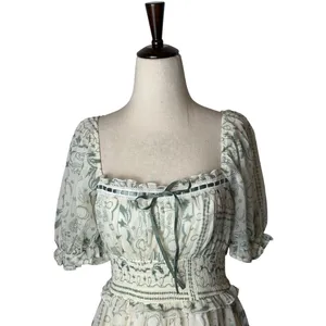 Francescas Mini Dress Women Small Green Toile Western Print Smocked Tiered Boho thumbnail 3