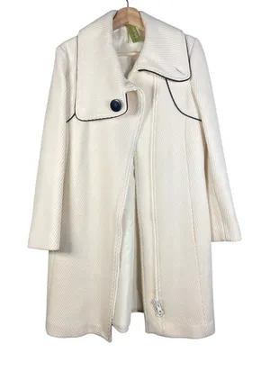Wool Blend Cream Coat Asymmetrical Zip Front Black Trim Elegant Luxury Sz‎ Large thumbnail 1