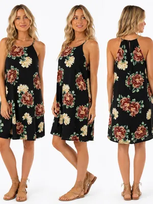 Ecote Entro Black Floral Halter Neck Swing Dress Medium Pockets thumbnail 2