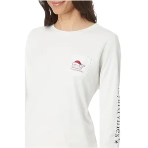 Vineyard Vines Shirt‎ Women Medium White Long Sleeve Christmas Whale Pocket Tee thumbnail 2