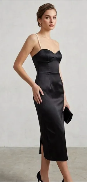 NWT Zara Black Satin One Strap Dress Size XS. Pearl strap with white heart beads thumbnail 1