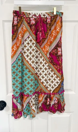 Boho Patchwork Large Midi Skirt Ruffle Festival Hippie Artsy thumbnail 1