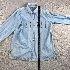 220 Hickory‎ Denim Button Up Shirt Women M Embroidered Feather Western Chore Vtg thumbnail 7