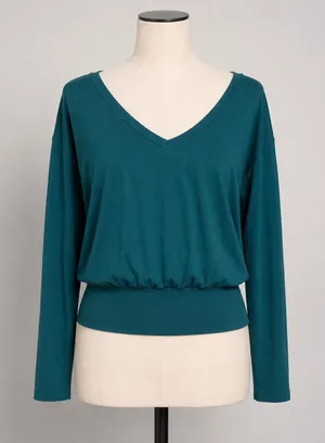 Halara Teal Green‎ V-Neck Long Sleeve Wide Waistband French Terry Top Size MED thumbnail 1