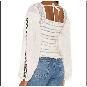 Free People Maggie Medium Embroidered Top Square Neck Smocked Puff Sleeves Ivory thumbnail 2
