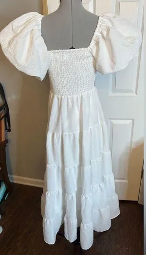 Showpo Maxima Midi Dress - Puff Sleeve Shirred Bodice Tiered Dress In White, 4 thumbnail 4