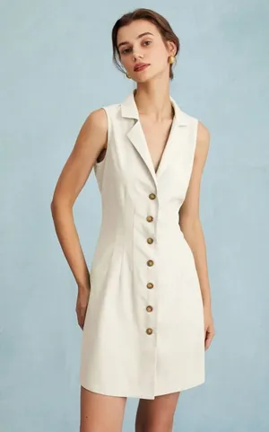 Rihoas Beige Lapel Button-up Sleeveless Mini Dress thumbnail 1