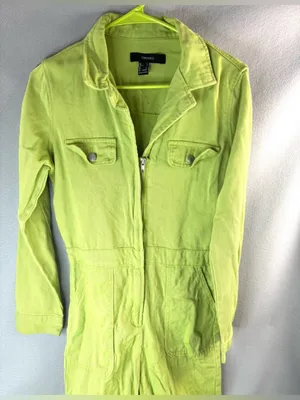 Forever 21 L Denim Lime Green Long Sleeve Zip-Front Jumpsuit thumbnail 2