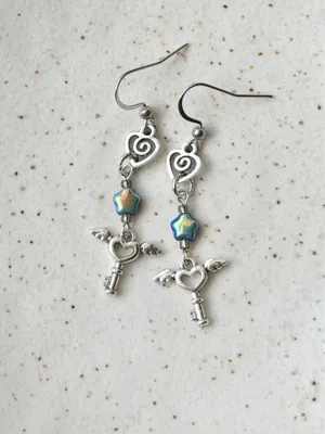 Handmade Czech glass star & angel heart key romance Kawaii y2k fairy dangle earrings✨ thumbnail 3