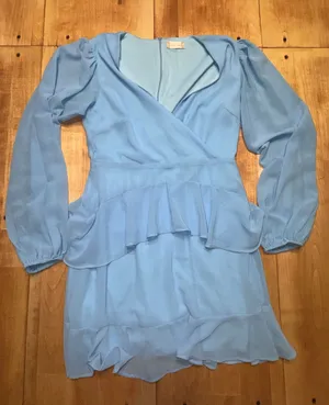 Altar'd State Light Blue‎ Ruffle Mini Dress Long Puff Sleeve Surplice V-Neck M thumbnail 1