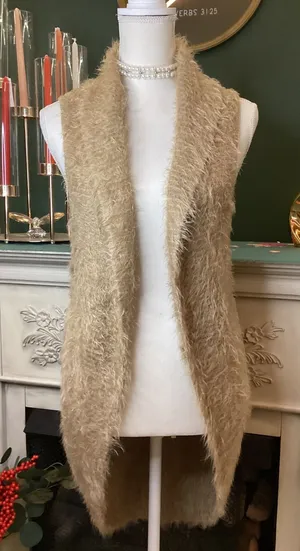 Sonny Taylor Fuzzy Knit Long‎ Vest Women Sz L Beige Open Front Shaggy Cardigan thumbnail 1