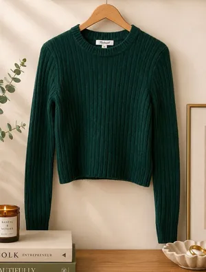 Madewell Readfield Ribbed Wool Blend Sweater XS Green Cropped Crewneck Knit N105 thumbnail 1