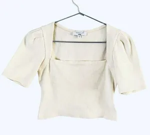 Derek Lam Rent The Runway Cream Puff Sleeve Ribbed Square Neck Crop Top Sz Small thumbnail 1