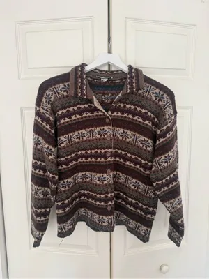 Vintage Kathy Ireland Brown Cream Fair Isle Chunky Cardigan Sweater Size Medium thumbnail 2