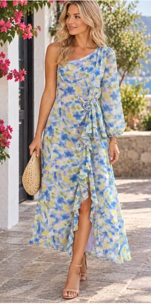Women's ASTR The Label One Shoulder Floral Dress XS Blue Yellow thumbnail 1