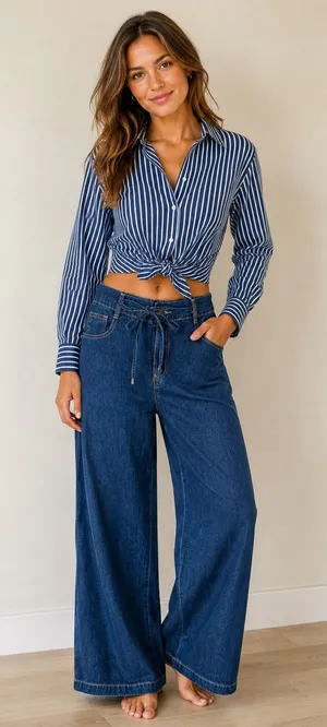 Petal + Pup Womens Dark Wash Wide Leg Drawstring Denim‎ Jeans Blue Size Medium thumbnail 1