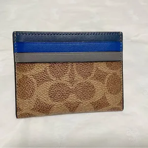 NWOT Coach Canvas Leather Card Case Wallet with signature logo brown blue thumbnail 3