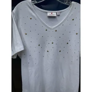 Women's V-Neck Quacker Factory SZ L White Embellished Star Rhinestones Gold Silv thumbnail 2