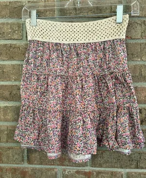 Floral Crochet-Waist Tiered Skater Skirt in Pink thumbnail 1