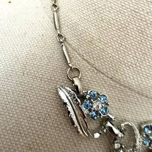 Vintage Blue Rhinestone Floral Leaf Statement Necklace Silver thumbnail 4