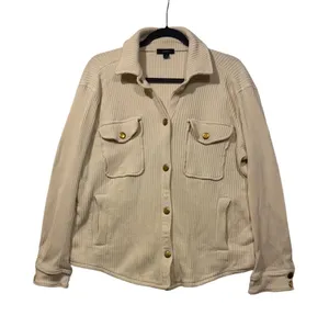 J.Crew Waffle Knit Shacket Women Medium Cream Ivory Button Front‎ Shirt Jacket M thumbnail 1
