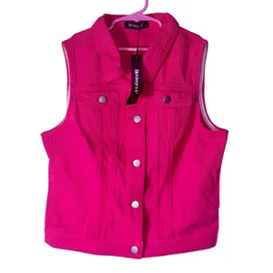 NWT Allegra K Fuchsia Denim Vest Button Front Flap Pocket Slim‎ XS thumbnail 5