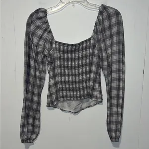 Abercrombie & Fitch Gray Plaid Long Sleeve Off Shoulder Boho Crop Top 0315262 thumbnail 4