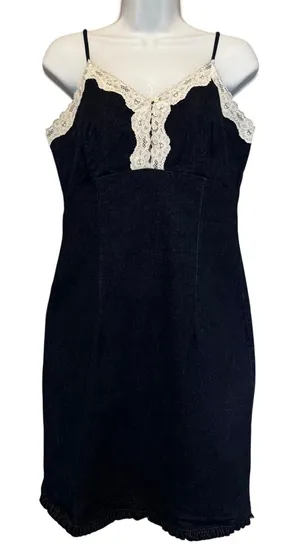 Fashion Bug Vintage Denim Lace Trim Slip Mini Dress M Babydoll Y2K 90s Coquette Ruffle‎ Fem thumbnail 1