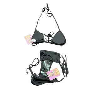 Strawberry Milk Bob Triangle Bikini Set Small Black Pearl Floral Beaded NWT thumbnail 3