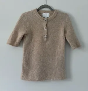 H&M Edition Tan Mohair Wool Short Sleeve Jeweled Button Knit Sweater Top NWOT S thumbnail 1