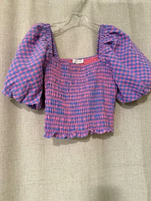 Endless Rose Gingham Smocked Puff Sleeve Crop Top | S thumbnail 2