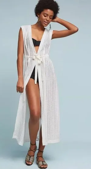 Anthropologie LILKA Eyelet White Cloud Swim Cover Up Maxi Dress Duster Medium thumbnail 1