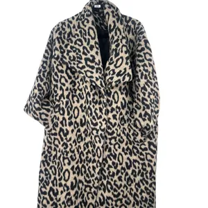 Leopard Fleece Trench Long Jacket Coat Animal Print Womens M Fur Fuzz thumbnail 2