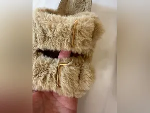 Women's Plush Faux Fur Slide Sandals - Tan thumbnail 4