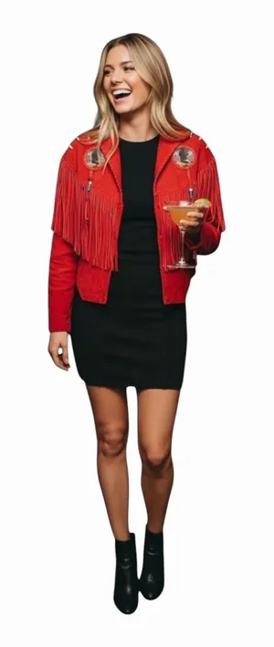 Vintage Red Suede Fringe Jacket Eagle Beaded Western Southwestern Women’s Large thumbnail 1