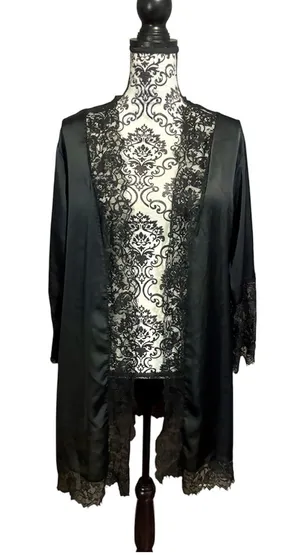 Black Lace Trim Satin Robe Size undefined thumbnail 1