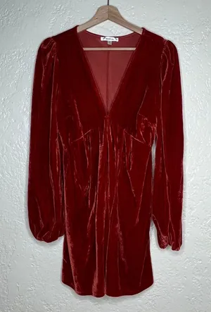 Lalavon Women's Orange Velour Velvet V-Neck Balloon Sleeve‎ Mini Dress Small thumbnail 1