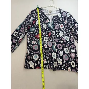 LOFT Navy Floral Button-Front Cardigan with Pink, Teal and White Blooms thumbnail 3