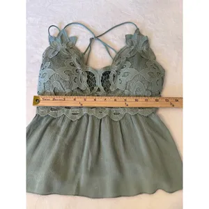 rue21 Fairycore Sage Lace Babydoll Cami Top Smocked Back Cross Straps Large thumbnail 4