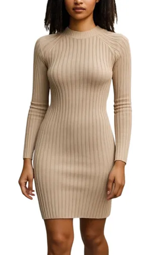 Lush Nude Pink Beige Ribbed Knit Long Sleeve Cut Out Mini Bodycon Dress Size M thumbnail 1