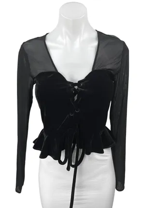 NBD Black Mesh Velour Velvet Long Sleeve Lace Up Crop Peplum Blouse Top Size S thumbnail 1