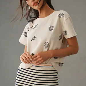 Anthropologie Maeve Embroidered Shell Short-Sleeve Sweatshirt size XS thumbnail 1