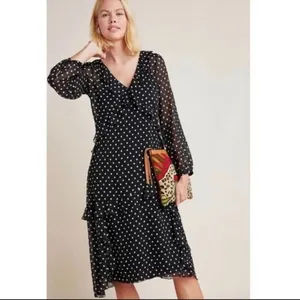 Maeve by Anthropologie Sheer PolkaDot Ruffle Midi Dress Womens Small Black/White thumbnail 3