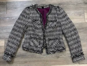 White House Black Market Tweed Jacket Fringe Trim Blazer Women 8 thumbnail 1