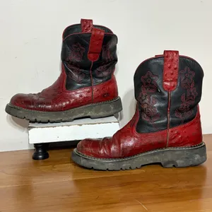 Roper Red Ostrich Print Black Leather Floral Embroidered Western Boots 8 530-200 thumbnail 2