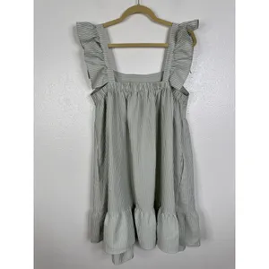 Ces Femme Green White Striped Seersucker Ruffle Babydoll Mini Dress Large thumbnail 2