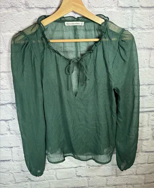 Abercrombie & Fitch puff sleeve blouse,‎ deep green sheer women’s size small thumbnail 1