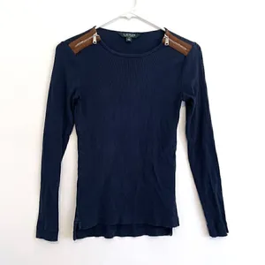 LAUREN RALPH LAUREN LRL Gacy Zip Shoulder Crew Navy Blue Long Sleeve Cotton Top thumbnail 2